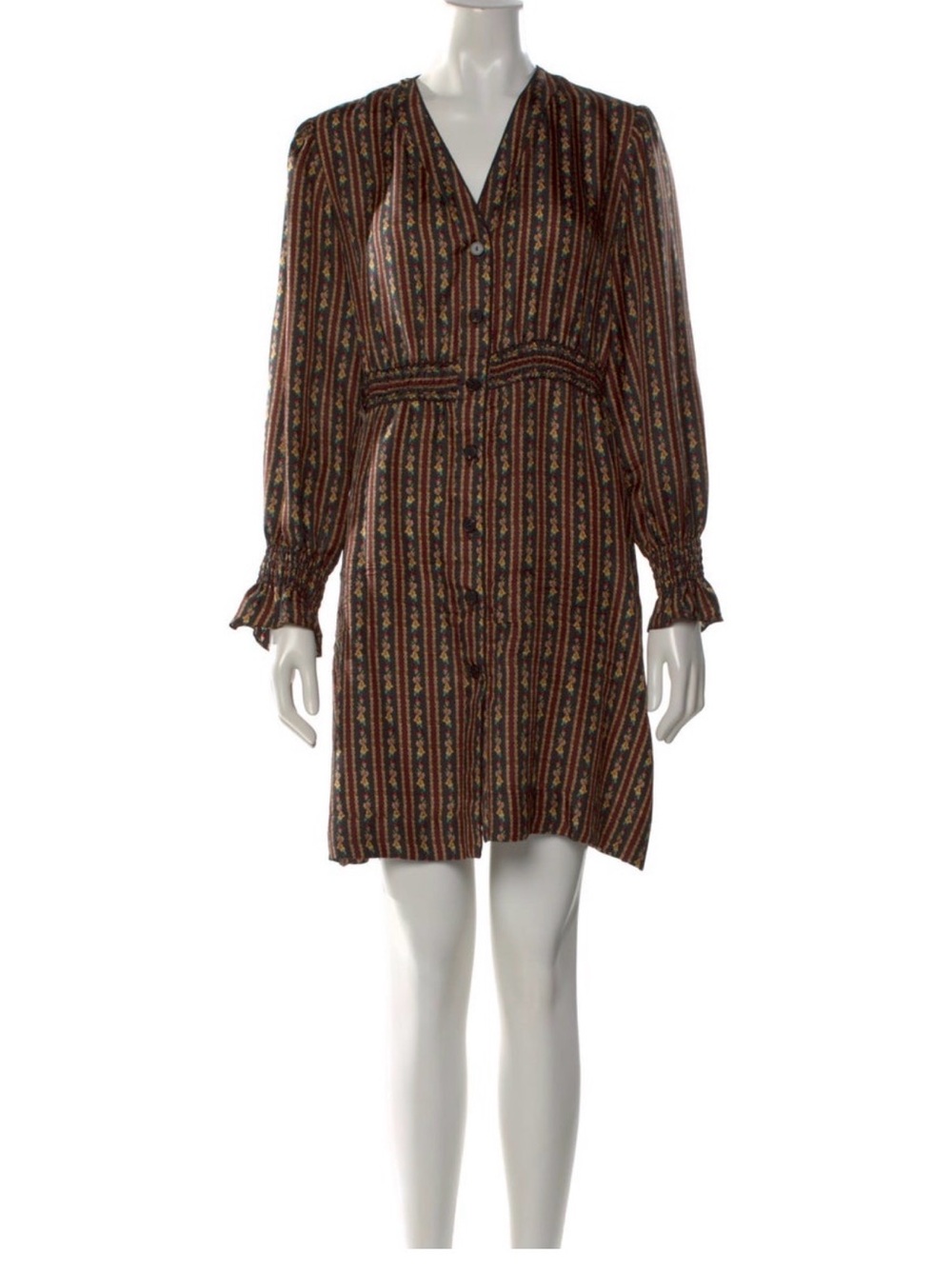 Sandro 42 (10) Printed Long-Sleeve V-Neck Knee Length in Brown EUC 100% Silk